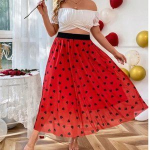 S049 Heart Print Red Black A-Line Maxi Skirt Size 1XL   Like New